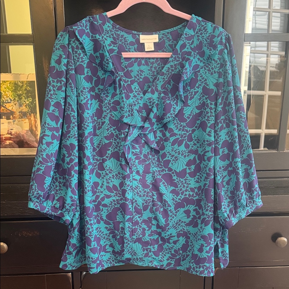 LIz Claiborne - Teal and Purple Floral Blouse - Large